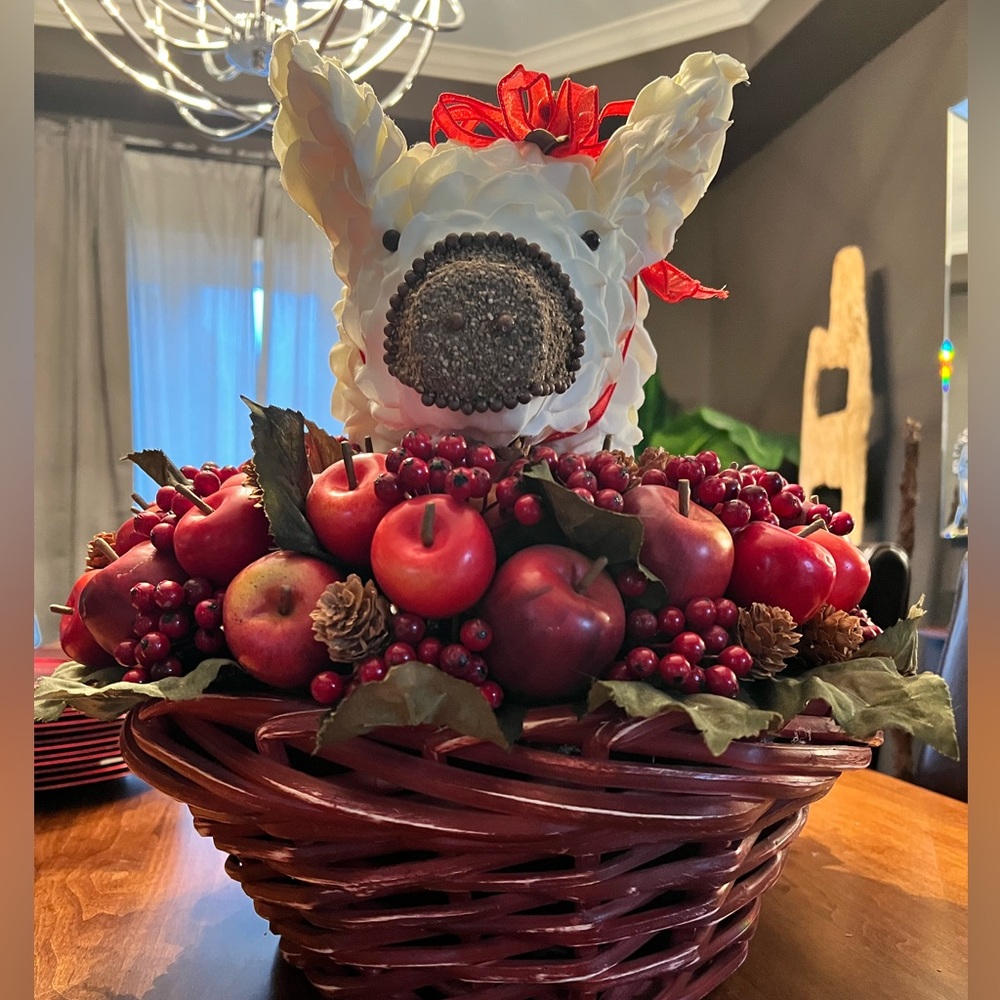 Vintage XL Artisan Rose Petal Christmas Pig in festive basket Faux Floral